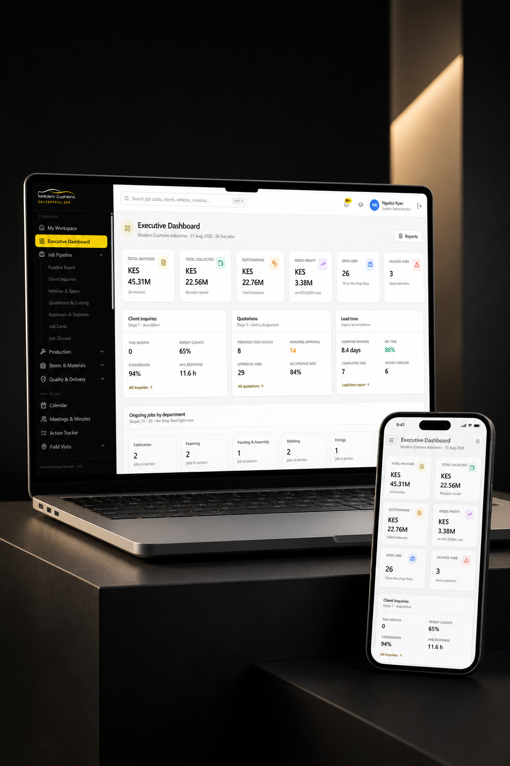 A 26-stage manufacturing workflow with costing, QC, delivery, invoicing and job profitability on one job card.