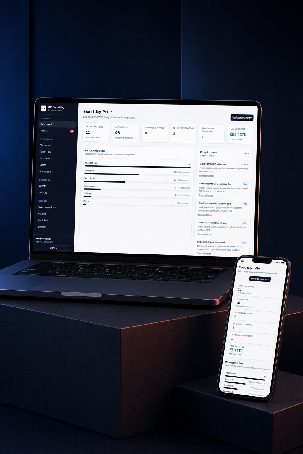 End-to-end recruitment management where every screen cites and enforces the consulting firm's own SOP.